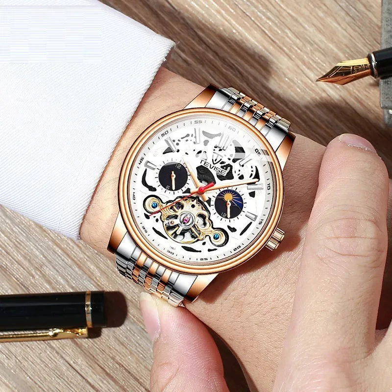 Men's mechanical watch with visible tourbillon, luminous dial, in rose black colour.