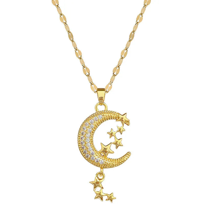 Geometric moon pendant diamond necklace with tassel chain in stainless steel and copper