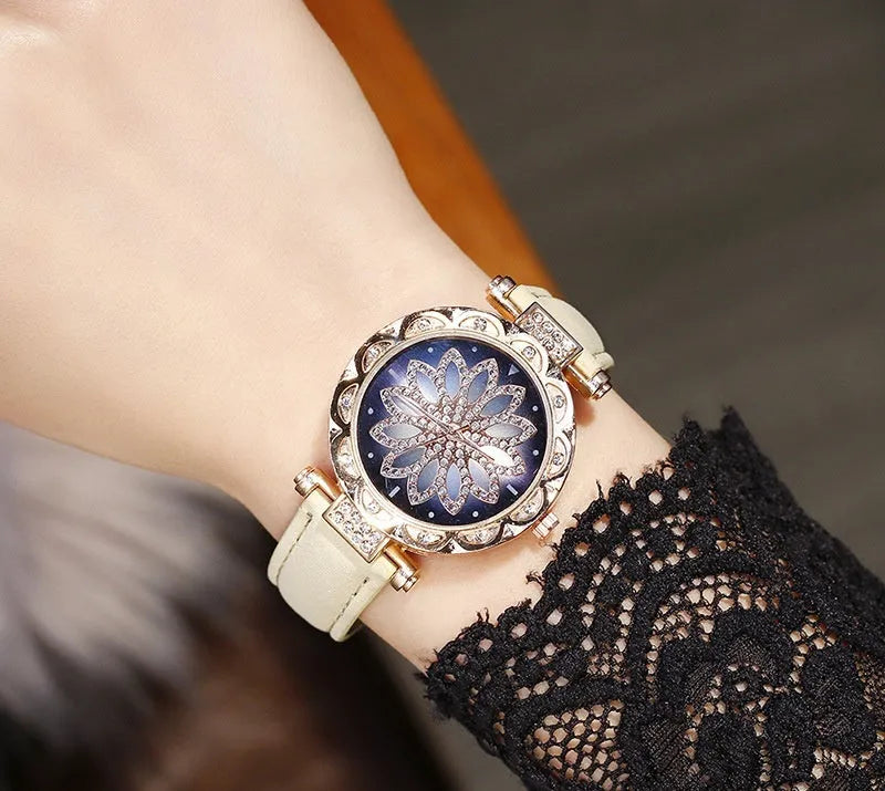 Women's diamond dial watch with round 32mm face, PU case, and pin buckle clasp in multiple colour options.