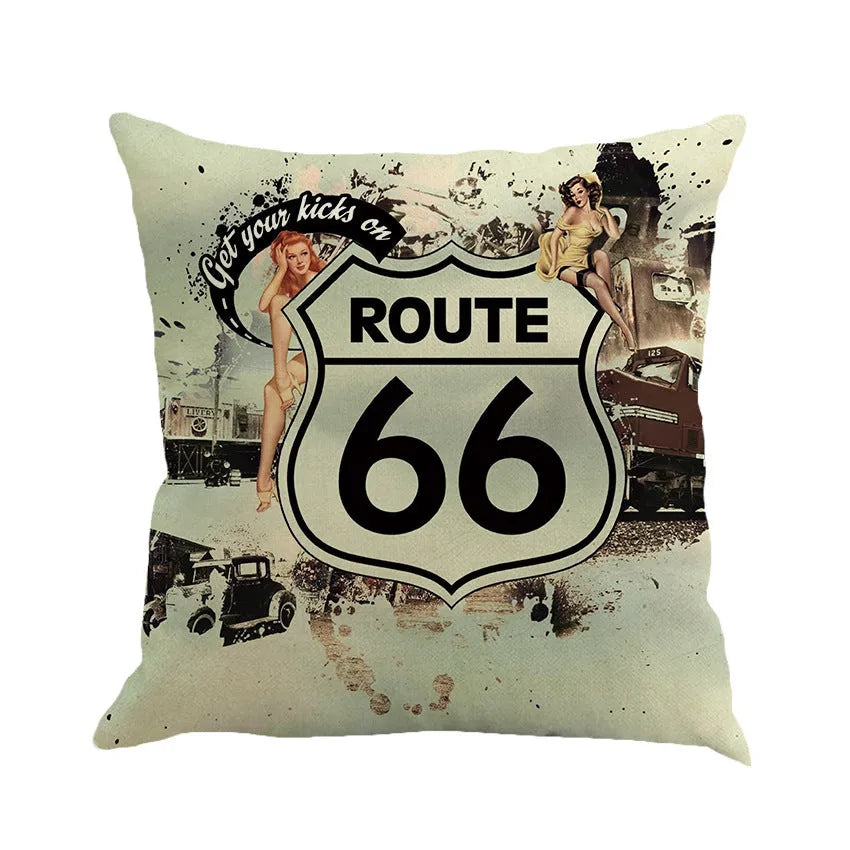 Square linen blend cushion cover with Route 66 landscape print, shown in one of six colour options.