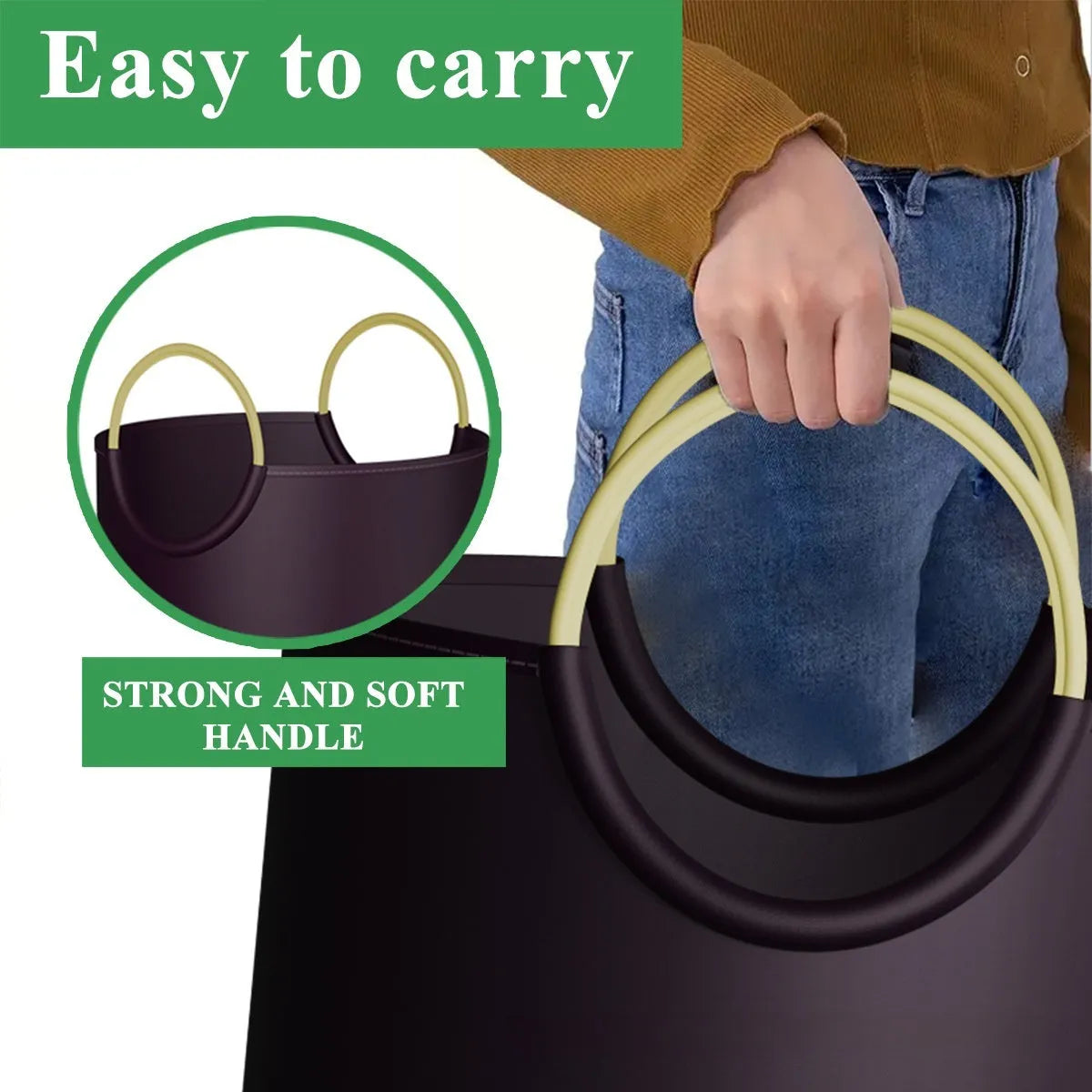 A round portable plastic trash can, 38cm wide and 72cm tall, shown with a patterned or plain finish.