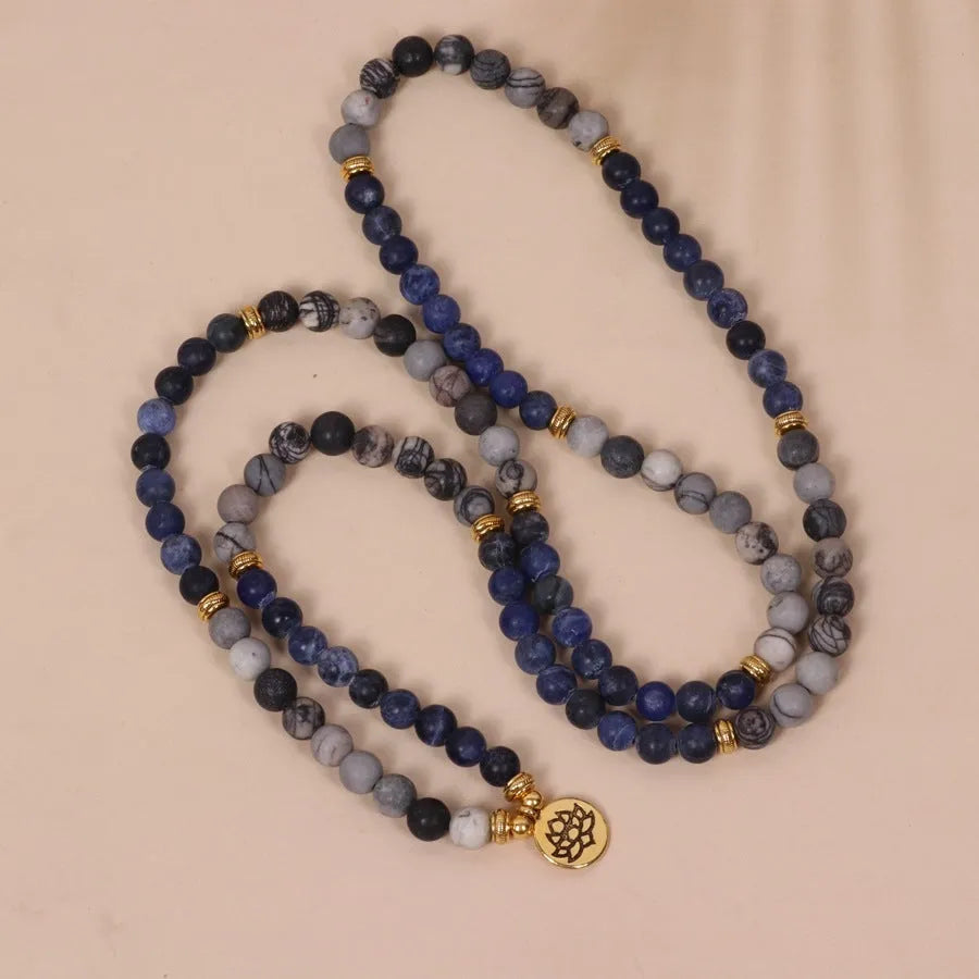 Blue patterned network stone bead multi-layer bracelet with adjustable alloy chain