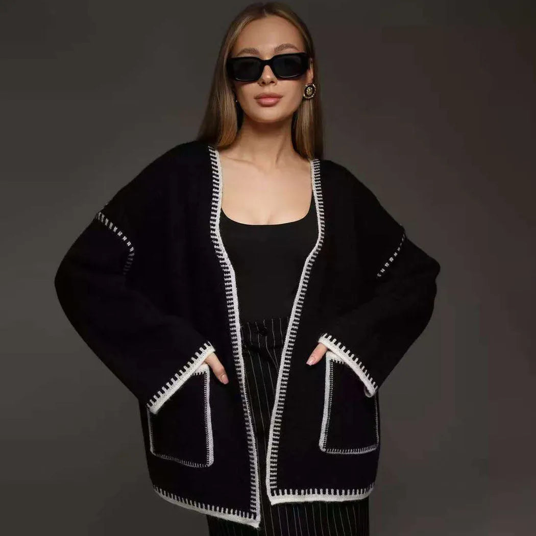 Lace-up front knitted cardigan in imitation cashmere cotton blend fabric in camel colour