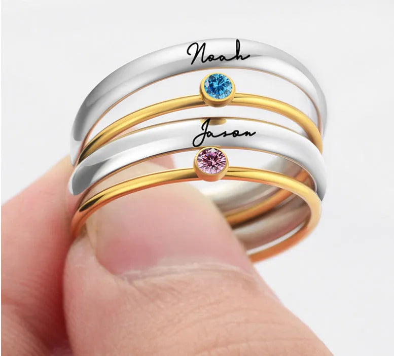 December birthstone titanium steel ring with geometric design and electroplated gold and steel finishes.
