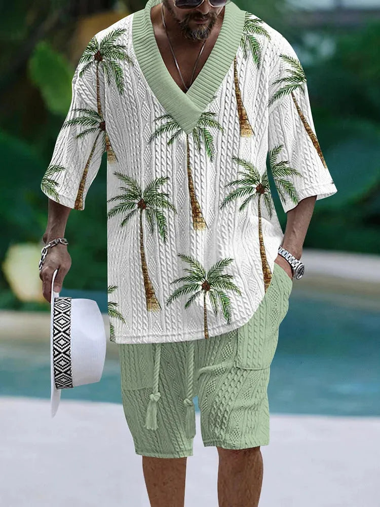 Men's loose casual short sleeve top and shorts suit separates set in polyester fabric