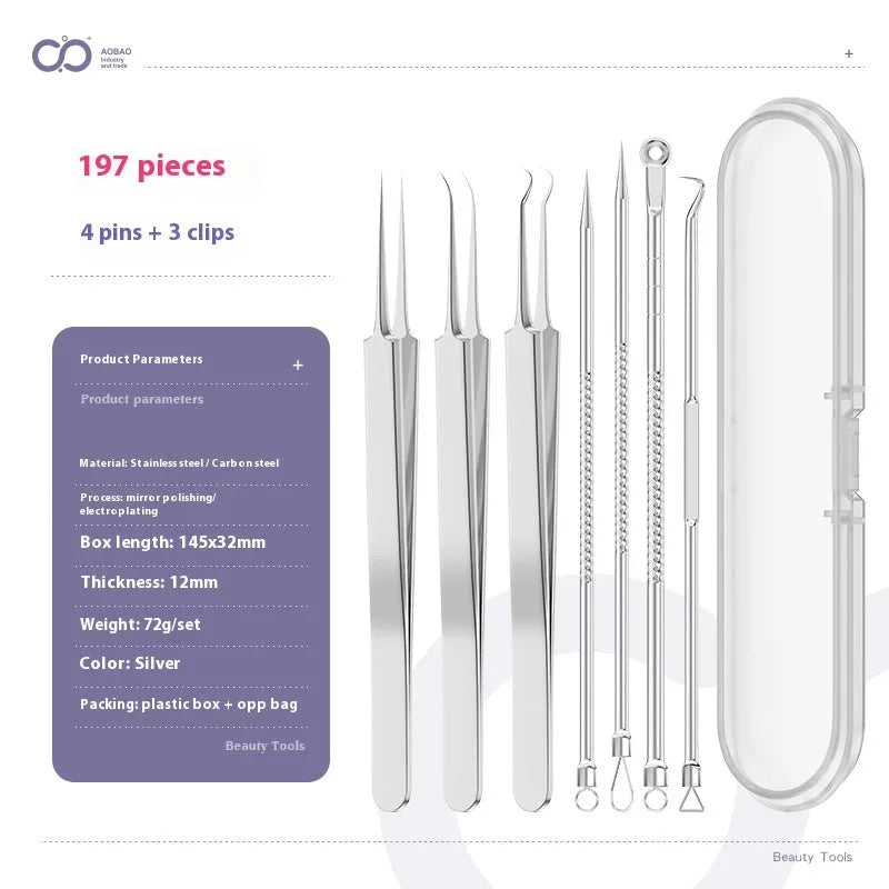 Four-piece metal acne needle set with ultra-fine pointed tips for blackhead removal