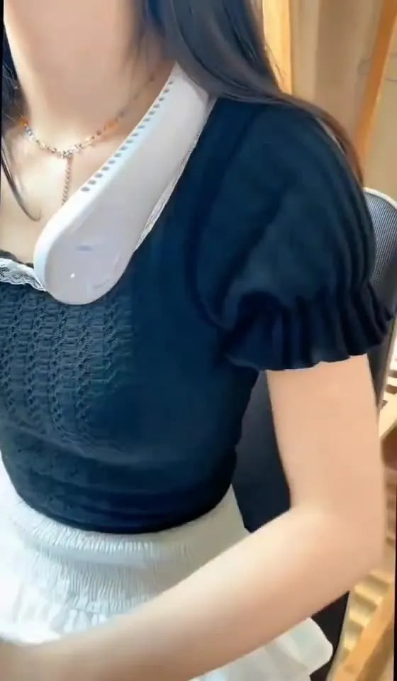 Blue portable bladeless neck fan with USB charging and adjustable speed settings