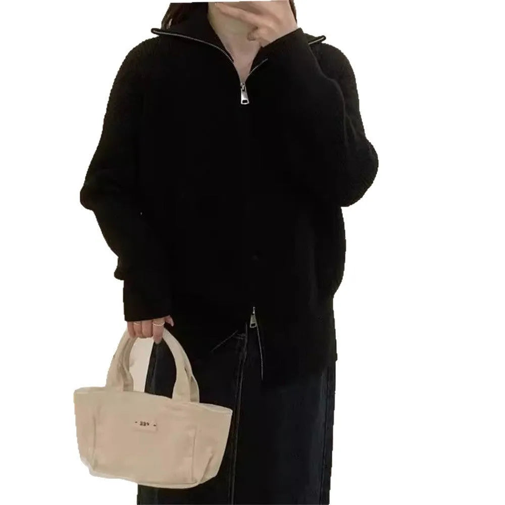 Hong Kong style double zipper knitted cardigan with floral decoration in loose fit free size