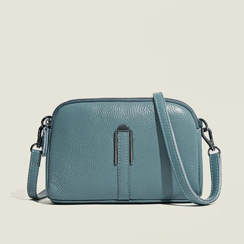 Genuine leather women's shoulder bag with horizontal square design in dark khaki colour