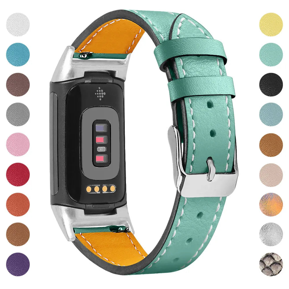 Genuine leather strap for Fitbit Charge 5 and Charge 6 smartwatches in multiple colour options.