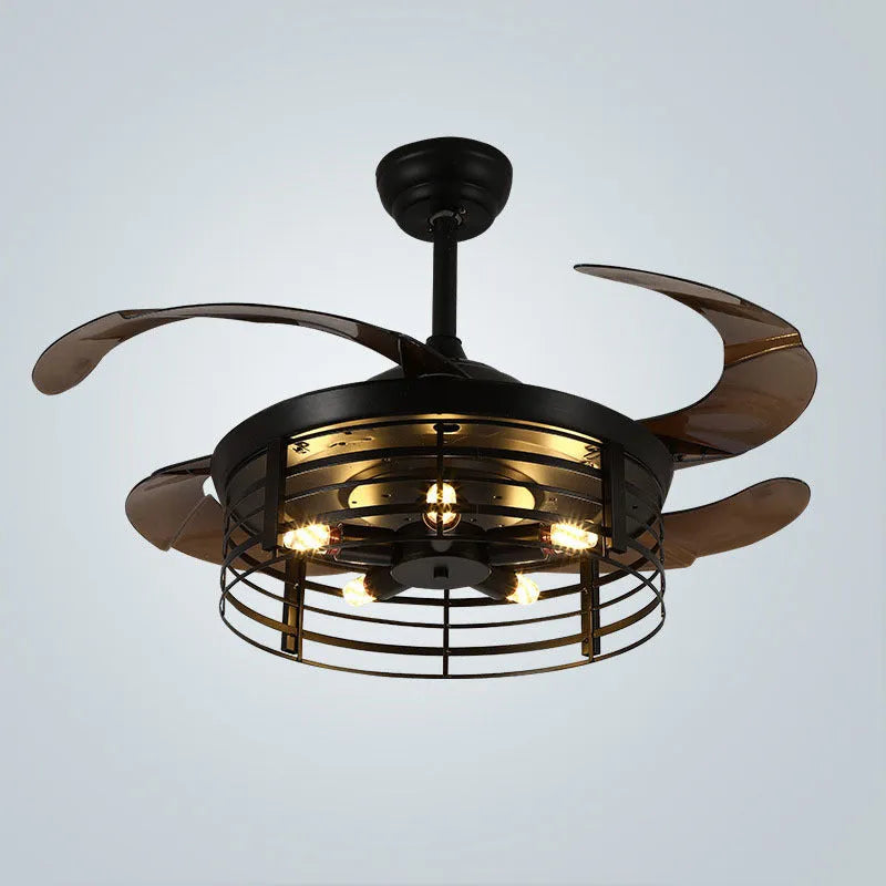 Industrial American retro style ceiling fan with integrated light and invisible acrylic blades.