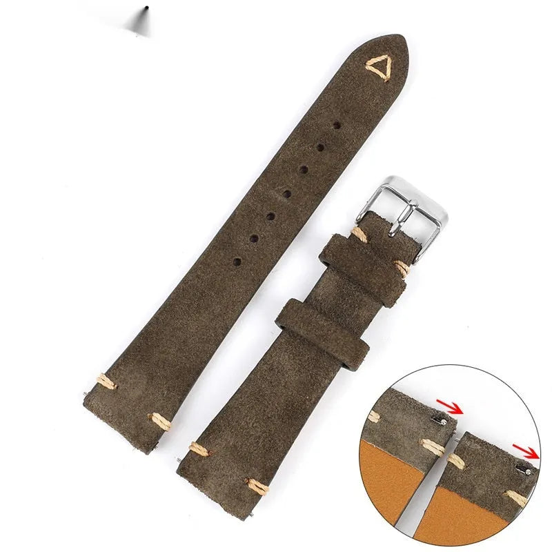 Brown suede genuine leather watch strap with ethnic style design, shown in 20mm width