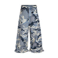 Snow camouflage blue loose fit jeans with mid waist design on hanger