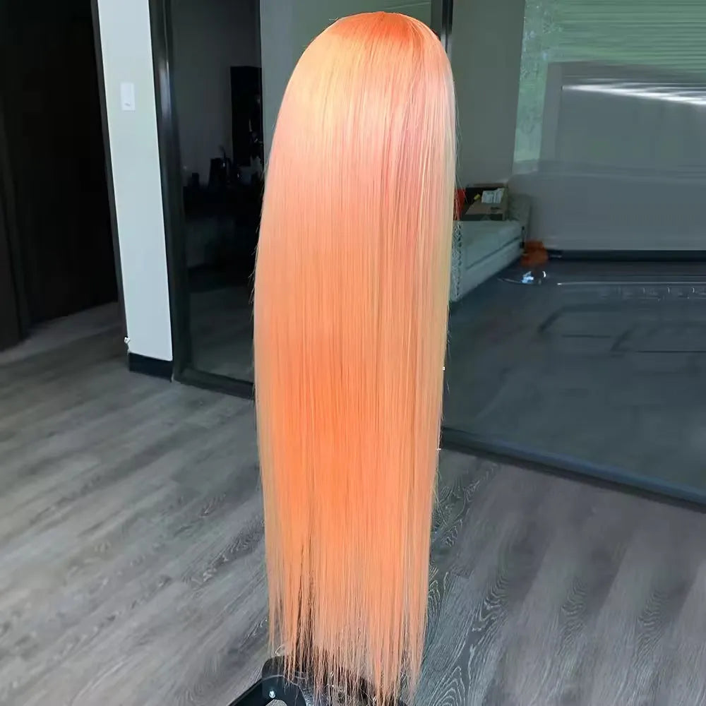 Light orange long straight front lace synthetic wig with side bangs on a wig stand