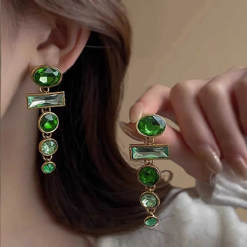 Green gradient retro tassel earrings with geometric Chinese style design and alloy metal construction