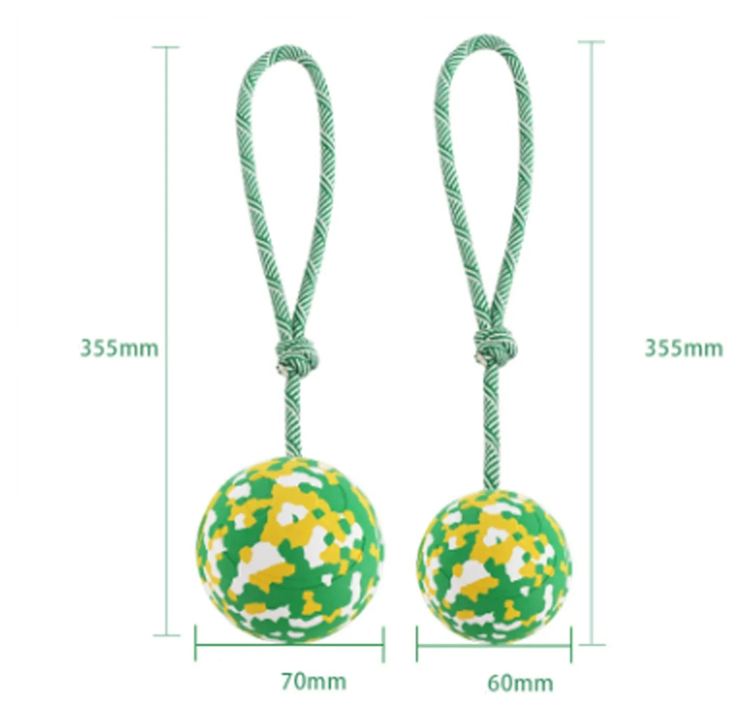Natural rubber and bamboo fibre dog ball attached to a nylon rope for interactive play