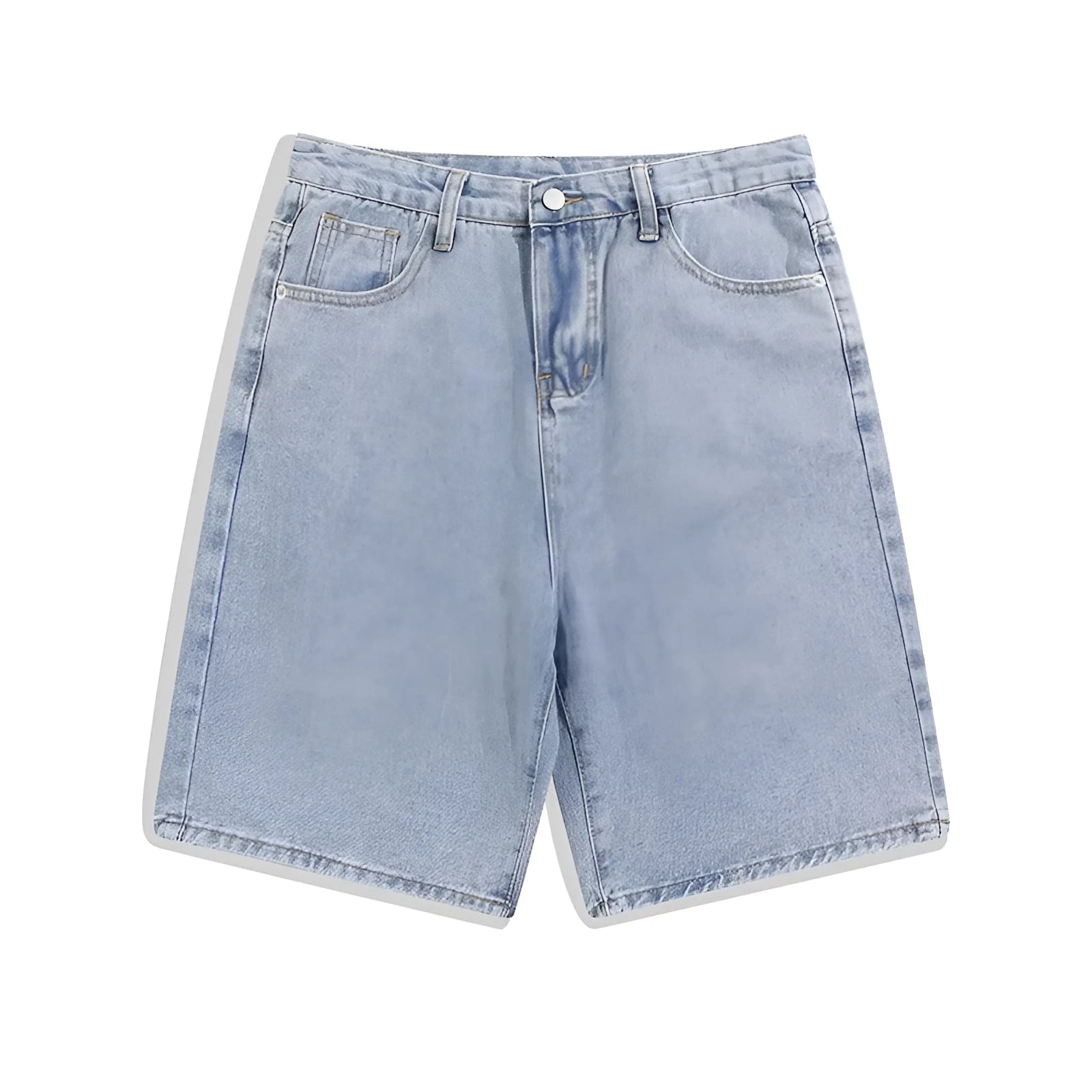 Men's light blue denim shorts with a straight-leg cut and zip fly, laid flat