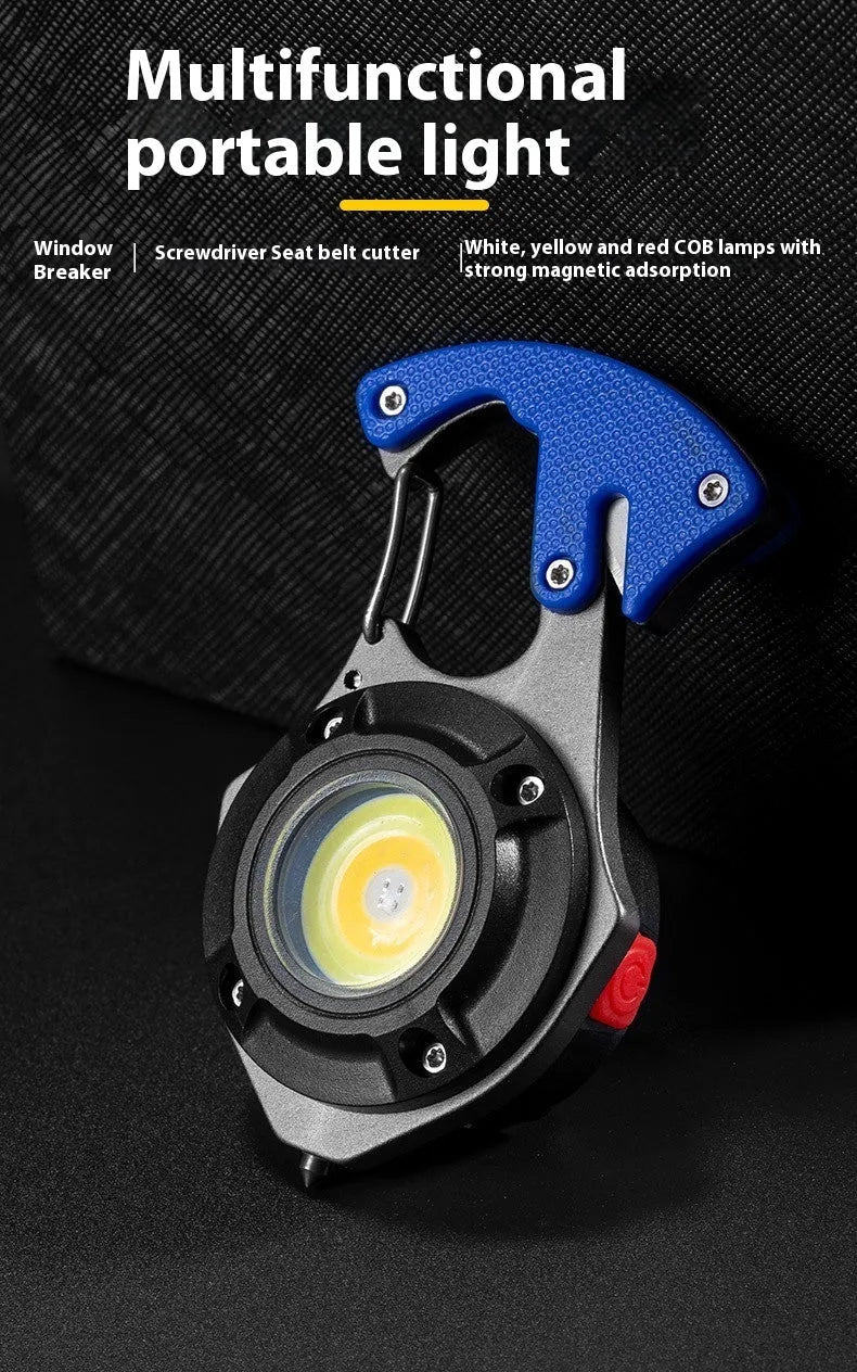 Portable multifunctional keychain rechargeable flashlight with window-breaking hammer and screwdriver tools.