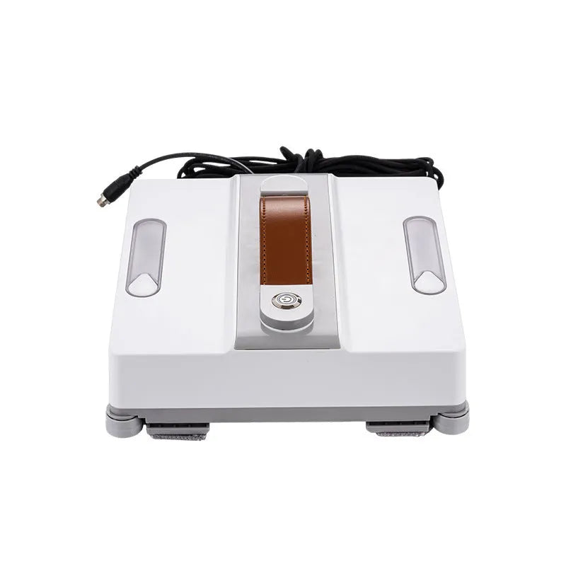 White intelligent window cleaning robot with water spray nozzles for automatic high-rise window washing