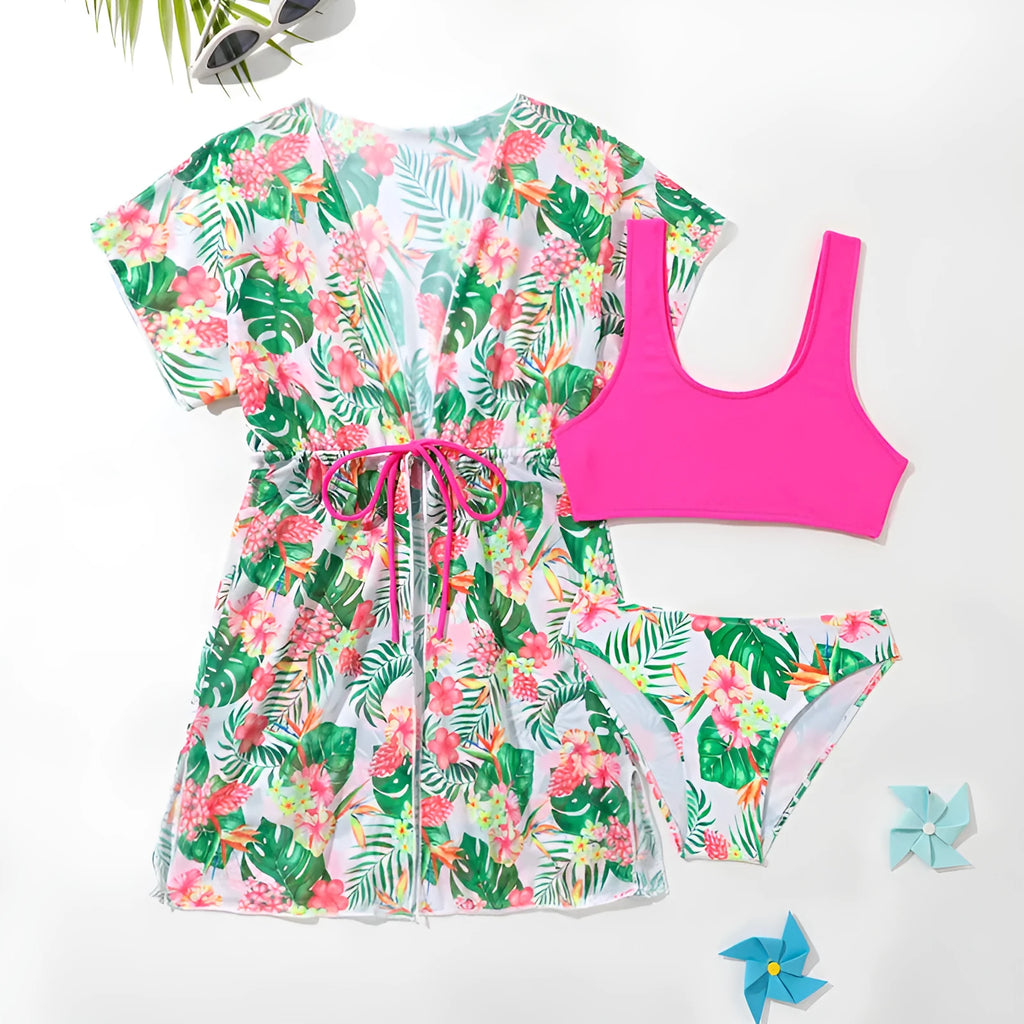 Girls' two-piece floral pattern swimsuit with polyester high elasticity fabric in available sizes