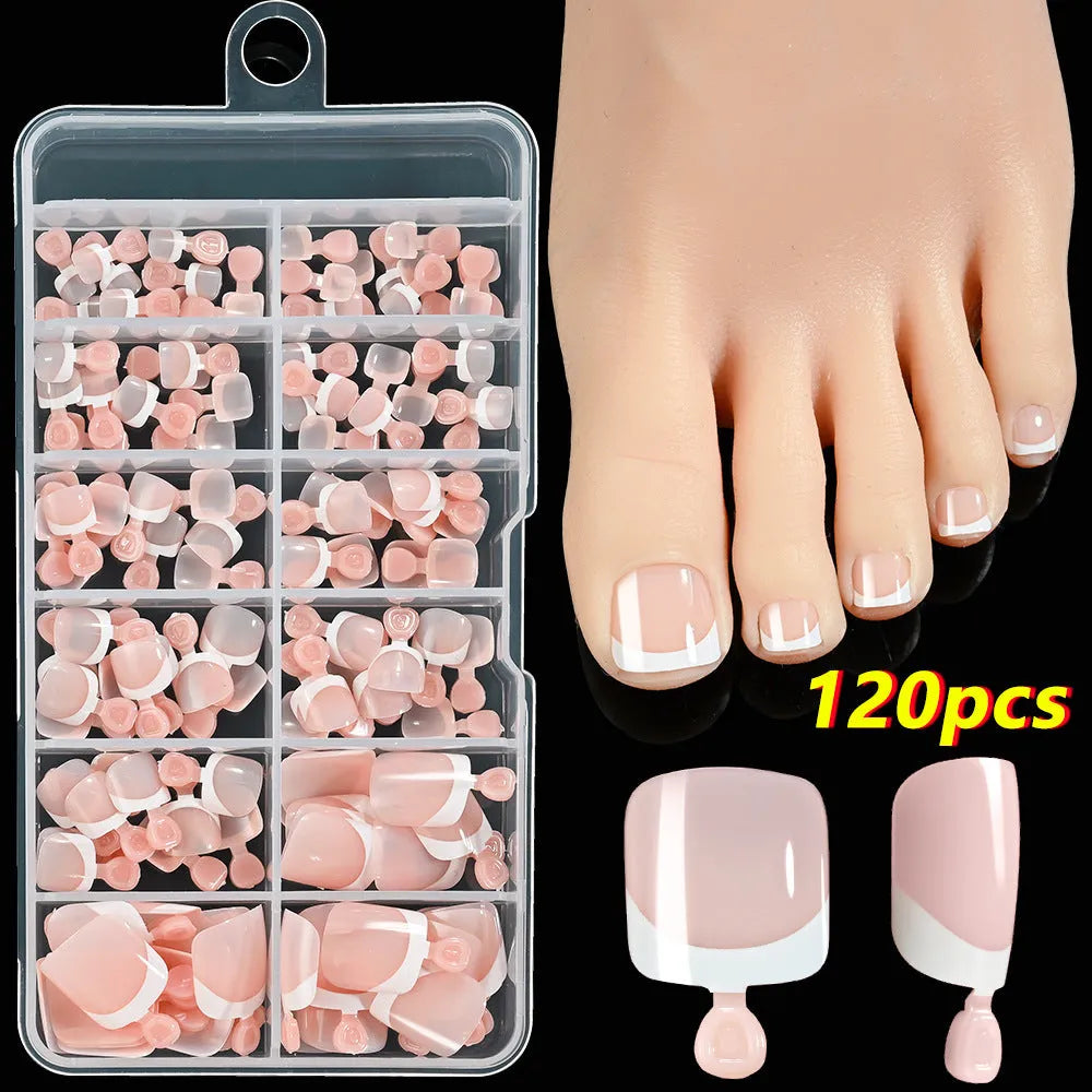 120 piece box of French white edge toenail pieces in nine nude colours with full square short shape