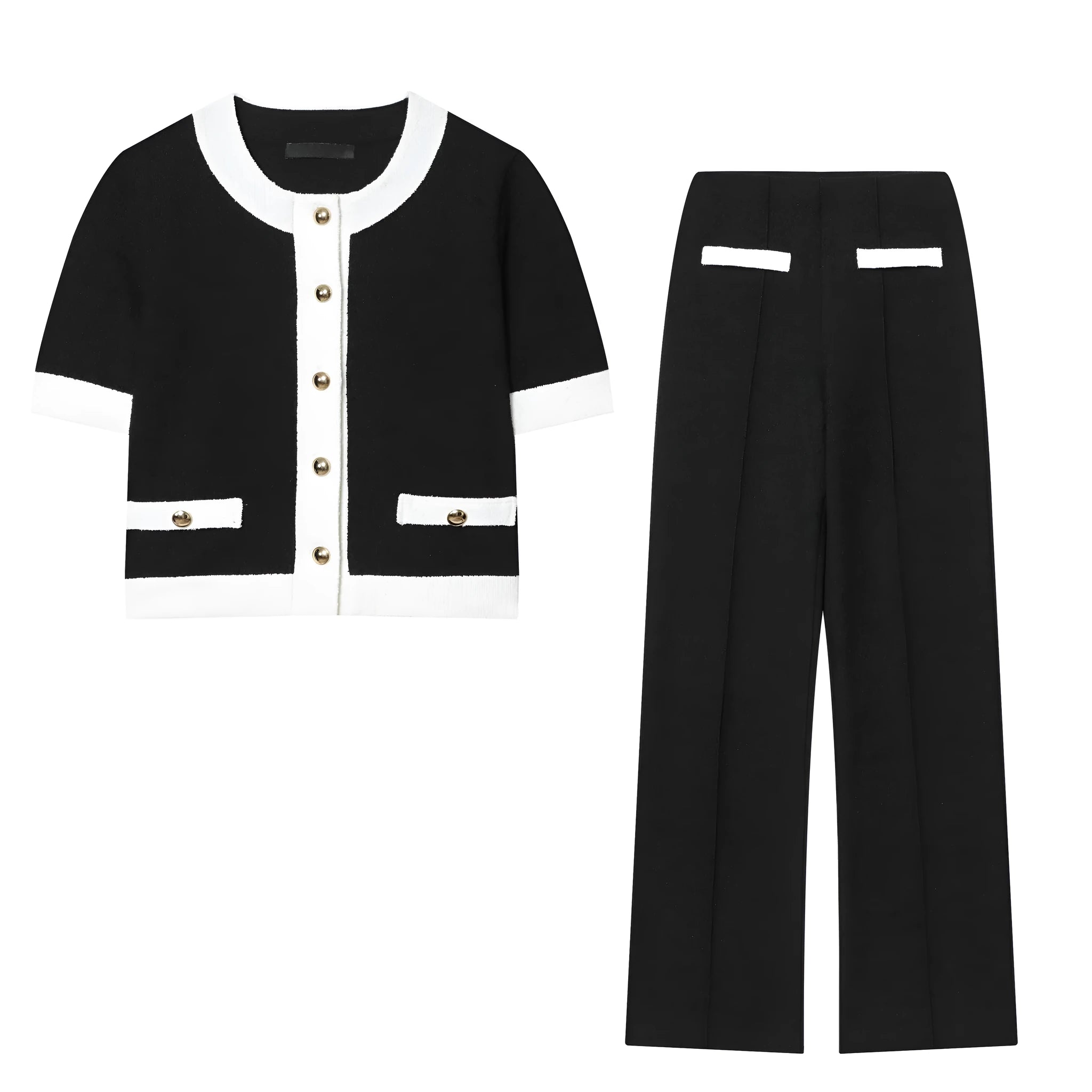 Women's beaded leather round neck top and high-waisted trousers suit in a casual street style.