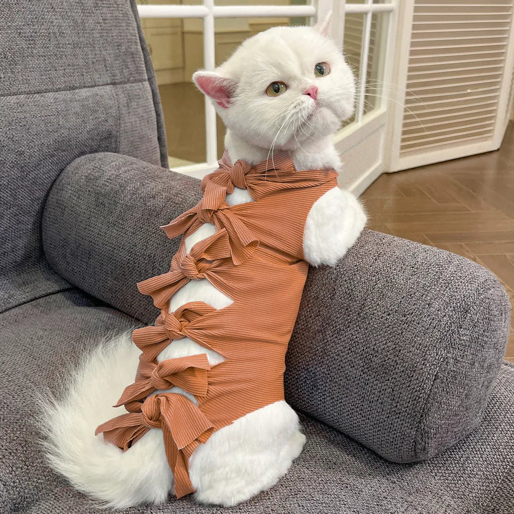 Lace-up polyester cat sterilisation recovery clothing in pink, purple, blue, brown and green pineapple colours