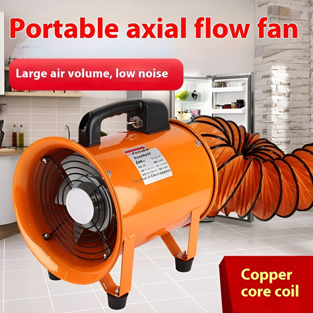 Industrial axial flow fan with titanium steel blades and attached air duct for ventilation.