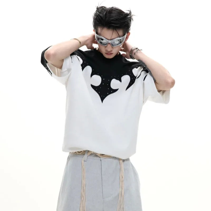 Men's grey cotton t-shirt with three-dimensional stitching and burnt flower rhinestone design