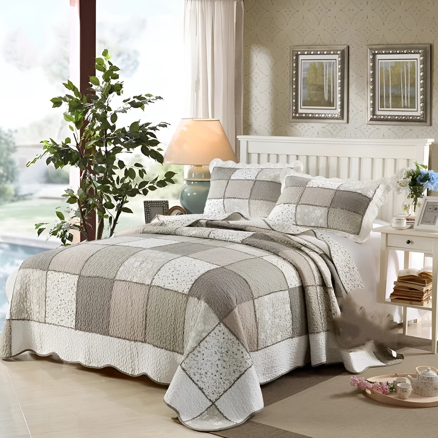Washed pure cotton quilted bedspread set with one large cover and two pillowcases on a bed.