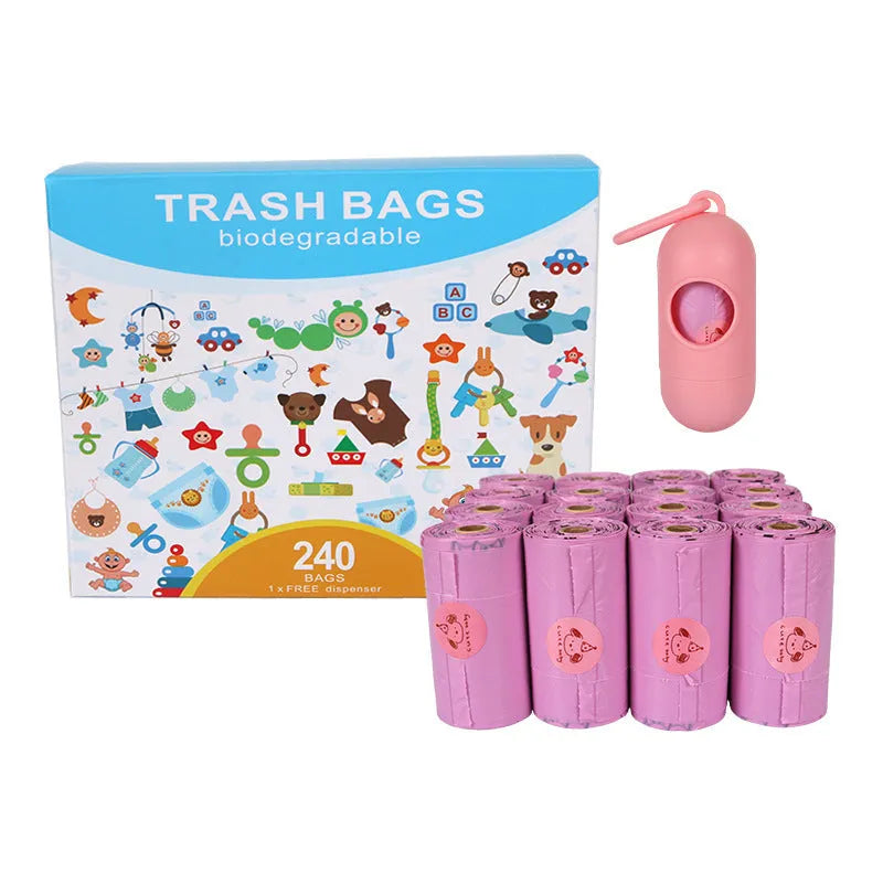 Roll of army green degradable dog waste bags with black bone print, showing bag size and dispenser.