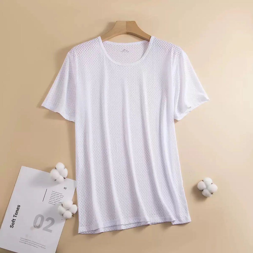 Men's ice silk short sleeve t-shirt in loose fit regular cut, shown in available colours black, white, navy blue, gray and wine red