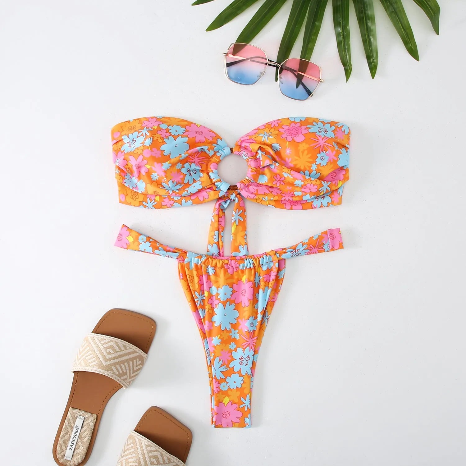 Women's floral print tube top bikini with ring detail and backless briefs