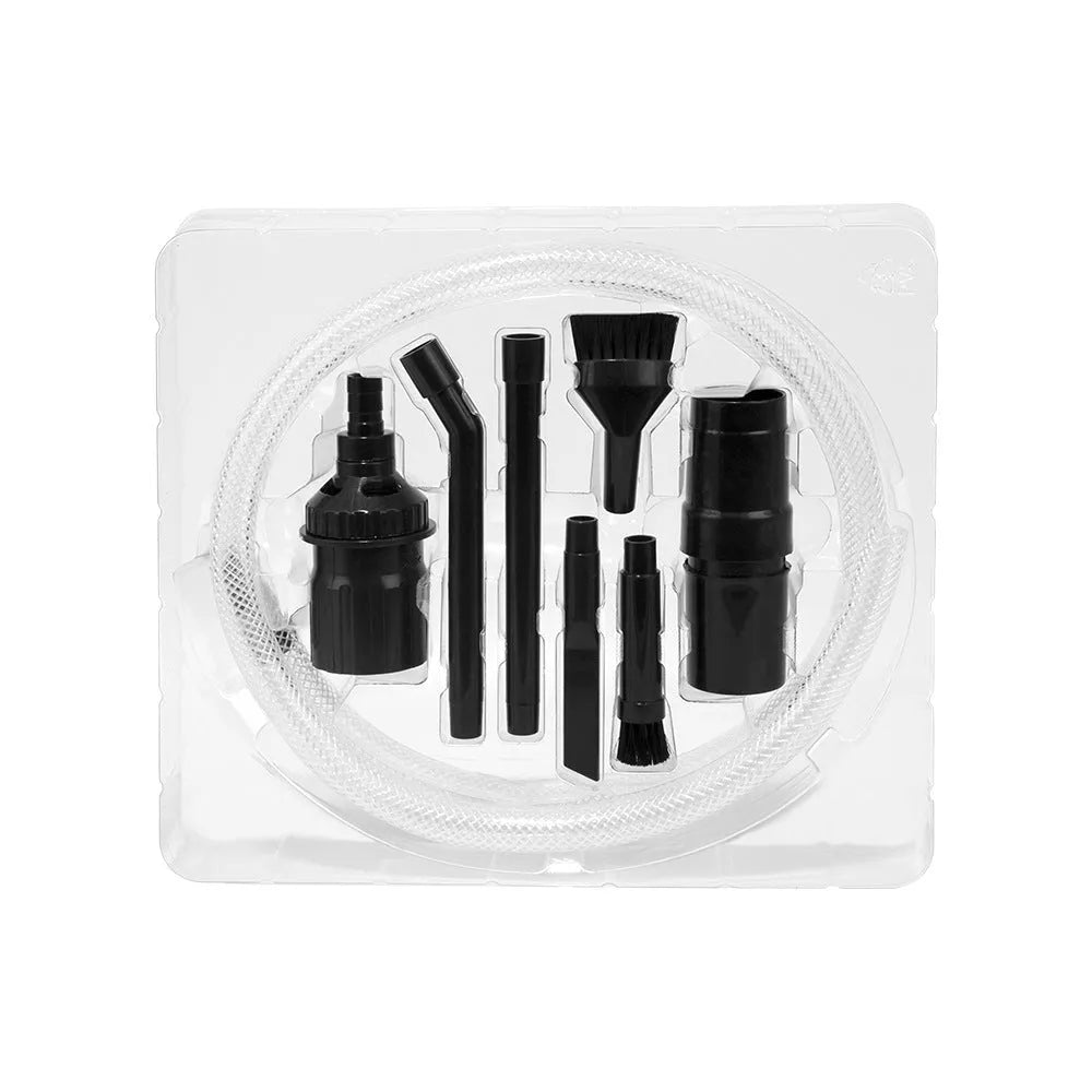 Eight-piece vacuum cleaner attachment set with multiple specialised suction heads for compact space cleaning