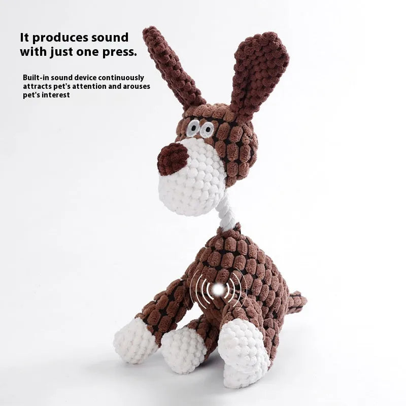 Assorted plush puppy toys including a blue elephant, coloured donkeys, and rechargeable duck styles.