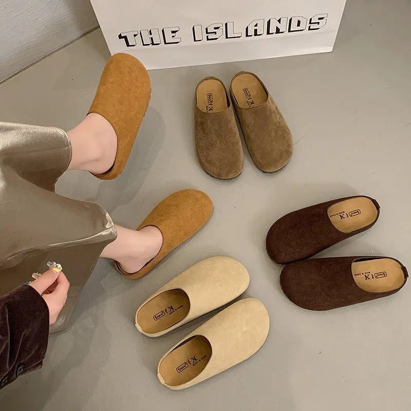 Ugly Soft Flat Korean style slip-on slippers in apricot colour showing square toe and flat design.