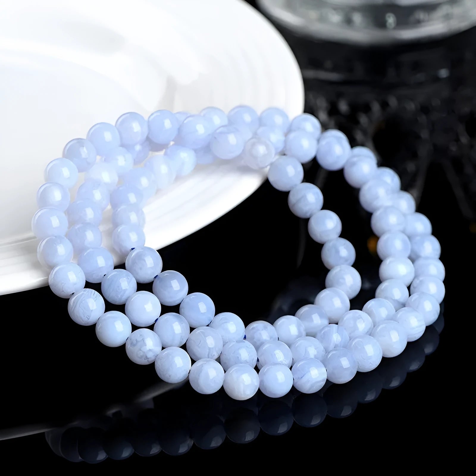 Natural blue agate bracelet with multi-circle patterns and striped crystal beads in original Ruyi design