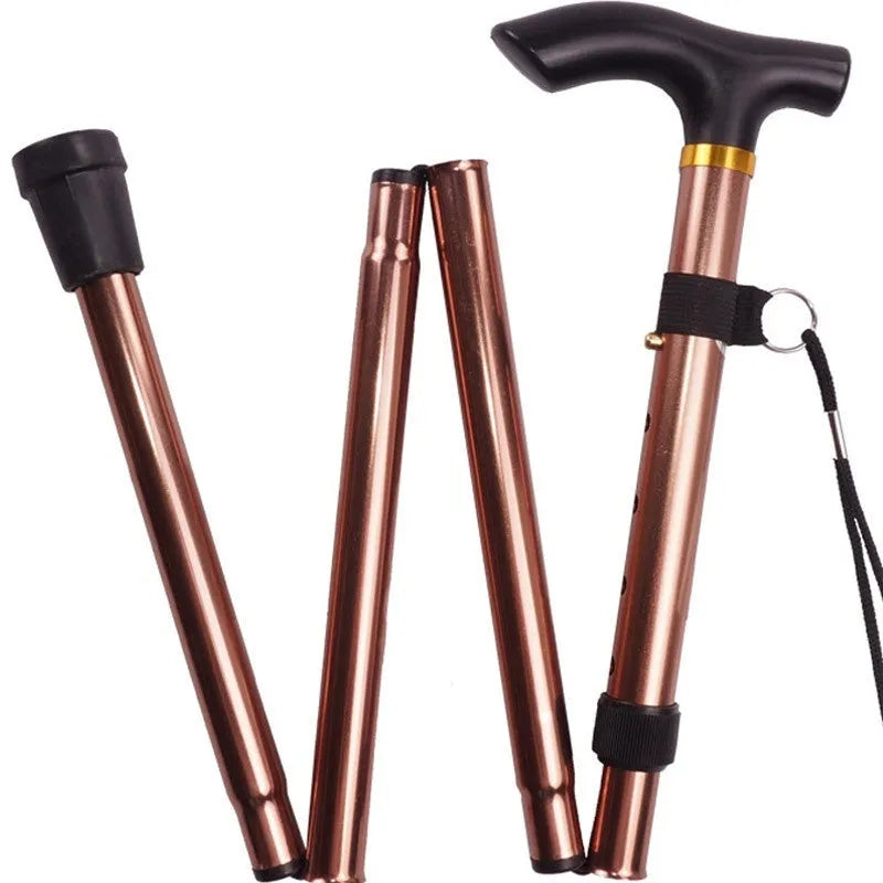 Aluminium folding walking stick extended to show adjustable length and non-slip rubber tip.