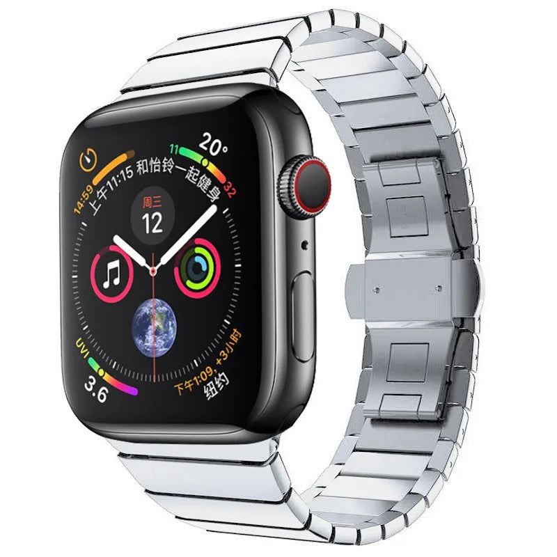 Stainless steel Apple Watch band with butterfly buckle clasp in silver colour