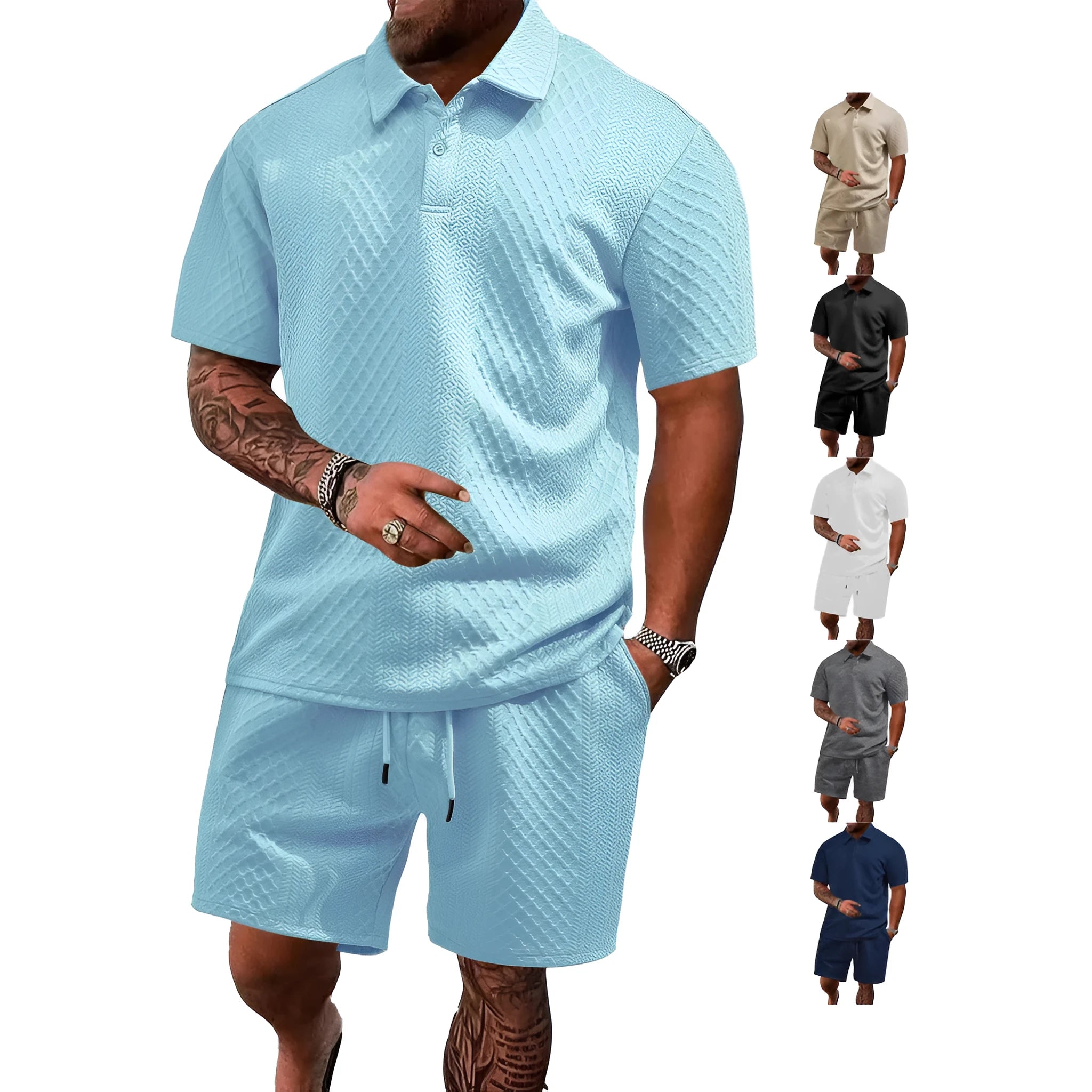 Men's figured cloth short sleeve suit with polo shirt and matching trousers in sports leisure style