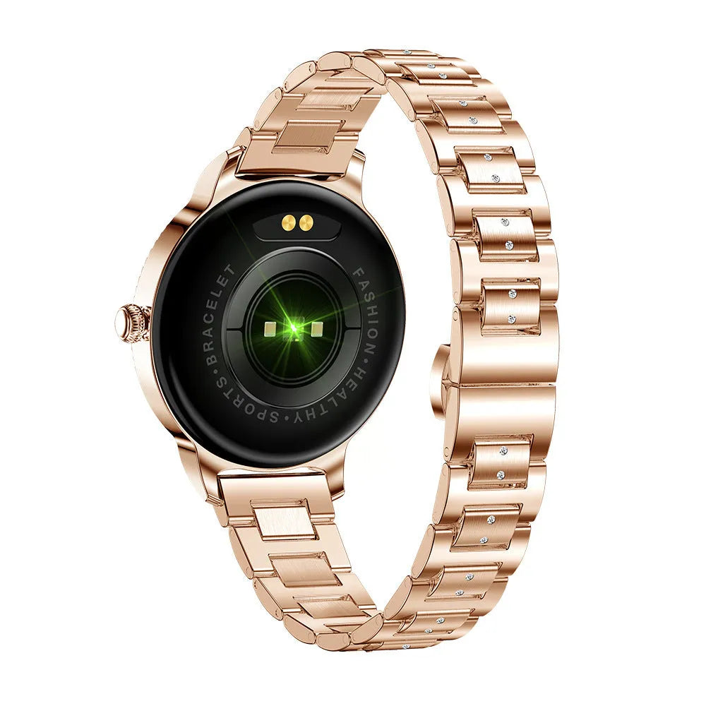 AK38 ladies smartwatch with stainless steel wristband showing 1.09-inch colour display