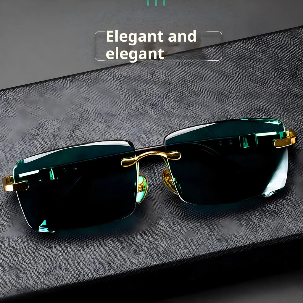 Dark green crystal frameless sunglasses with protective case and lens cleaning cloth