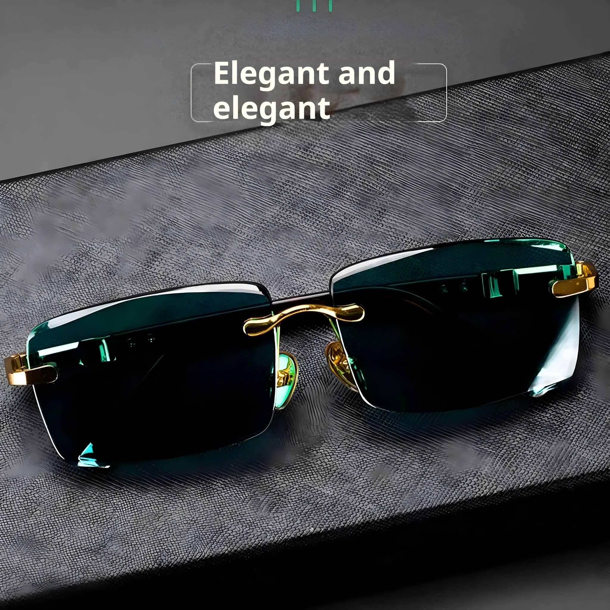 Dark green crystal frameless sunglasses with protective case and lens cleaning cloth