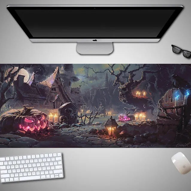 Oversized Halloween-themed mouse pad with graphic design on non-slip rubber cloth surface