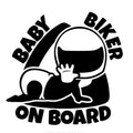 Black and white reflective BABY ON BOARD car safety sticker measuring 14.5 by 15 centimetres.