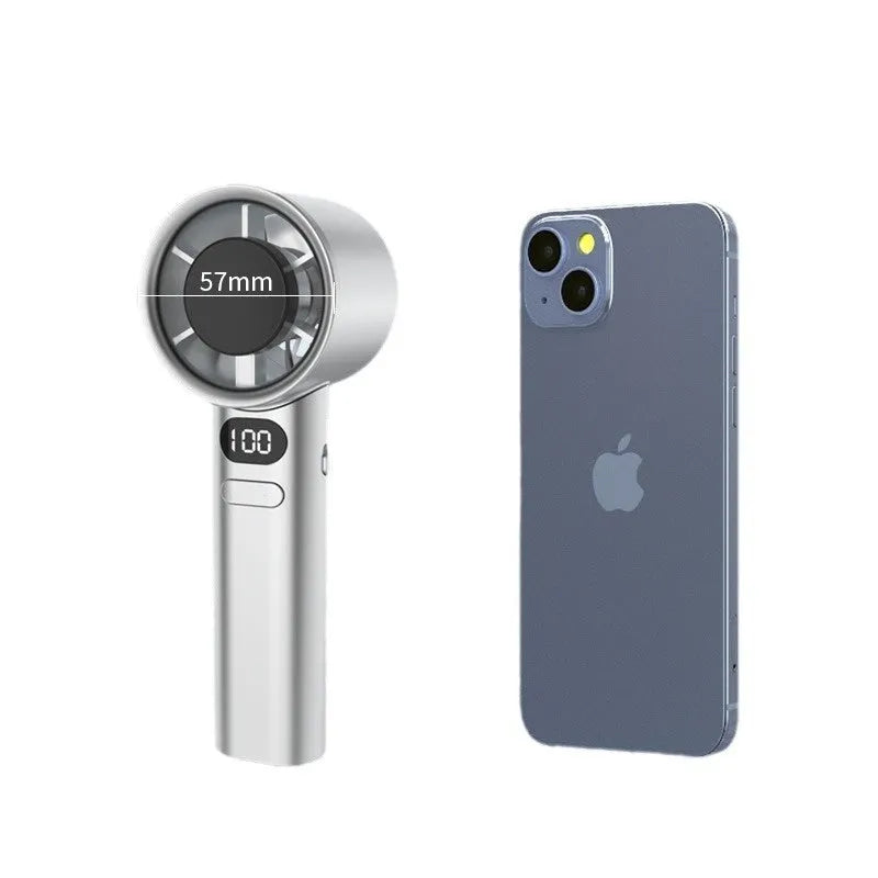 Handheld USB fan with brushless motor showing 120 speed settings and 1800mAh battery capacity