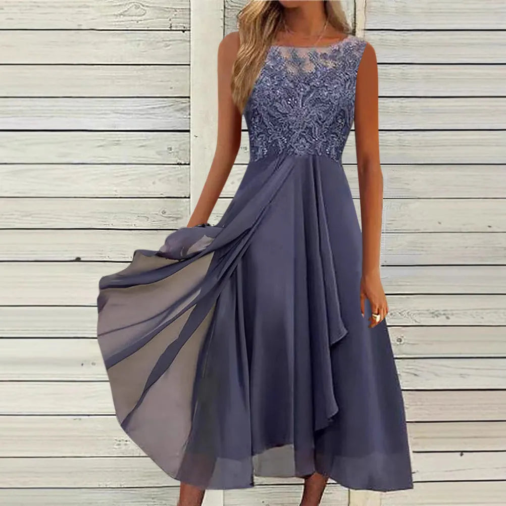 Women's sleeveless green chiffon dress with lace hollow-out detailing and mid-length princess skirt