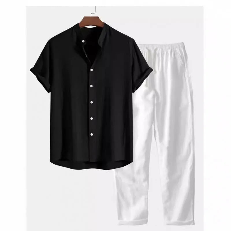 Men's casual short sleeve shirt and trousers suit in polyester linen fabric with loose fit