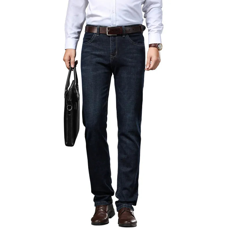 Women's straight-leg stretch jeans in black and blue colours showing business casual styling