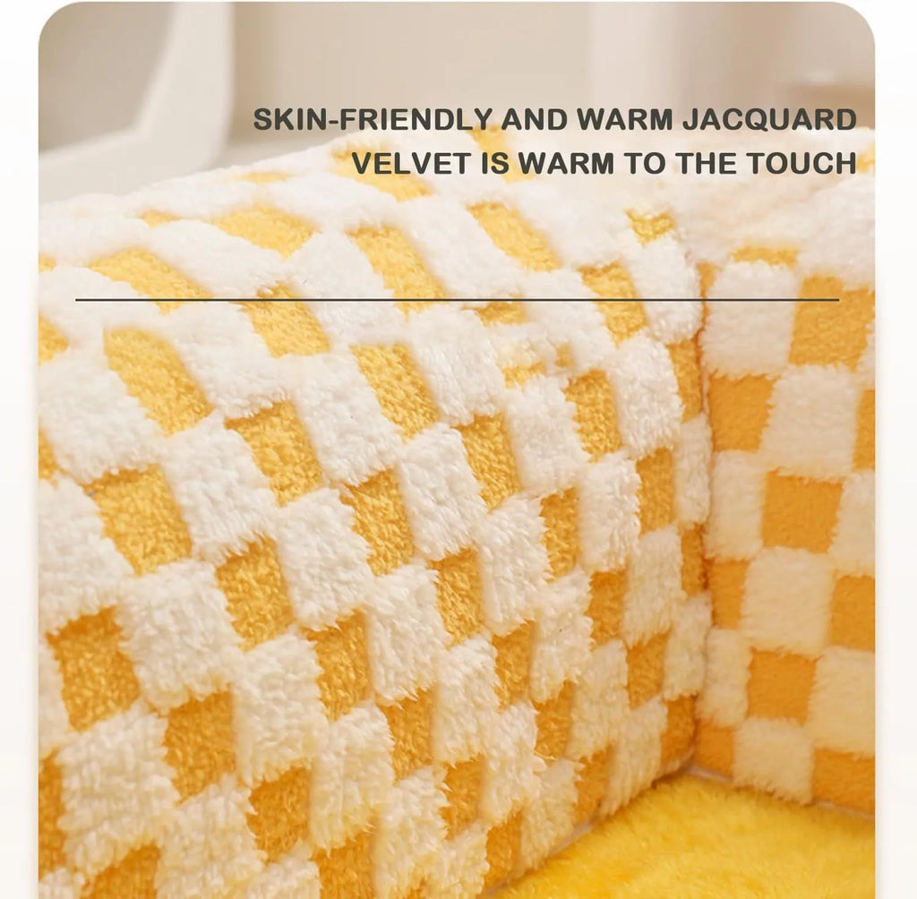 XL fan-shaped plush pet bed for dogs and cats with integrated tunnel in a plaid pattern.